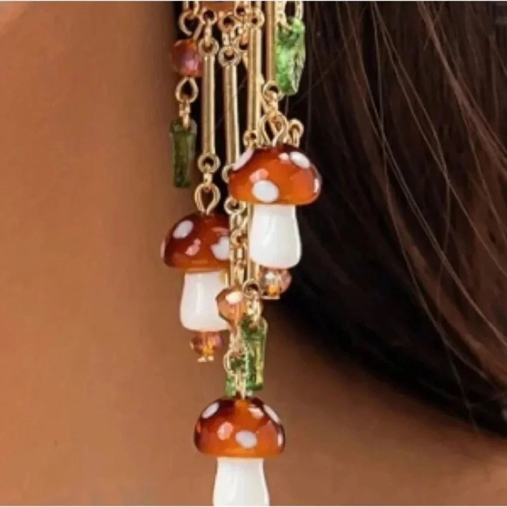 1 pair ladies casual gold green red white mushroom dangle hoop earrings
